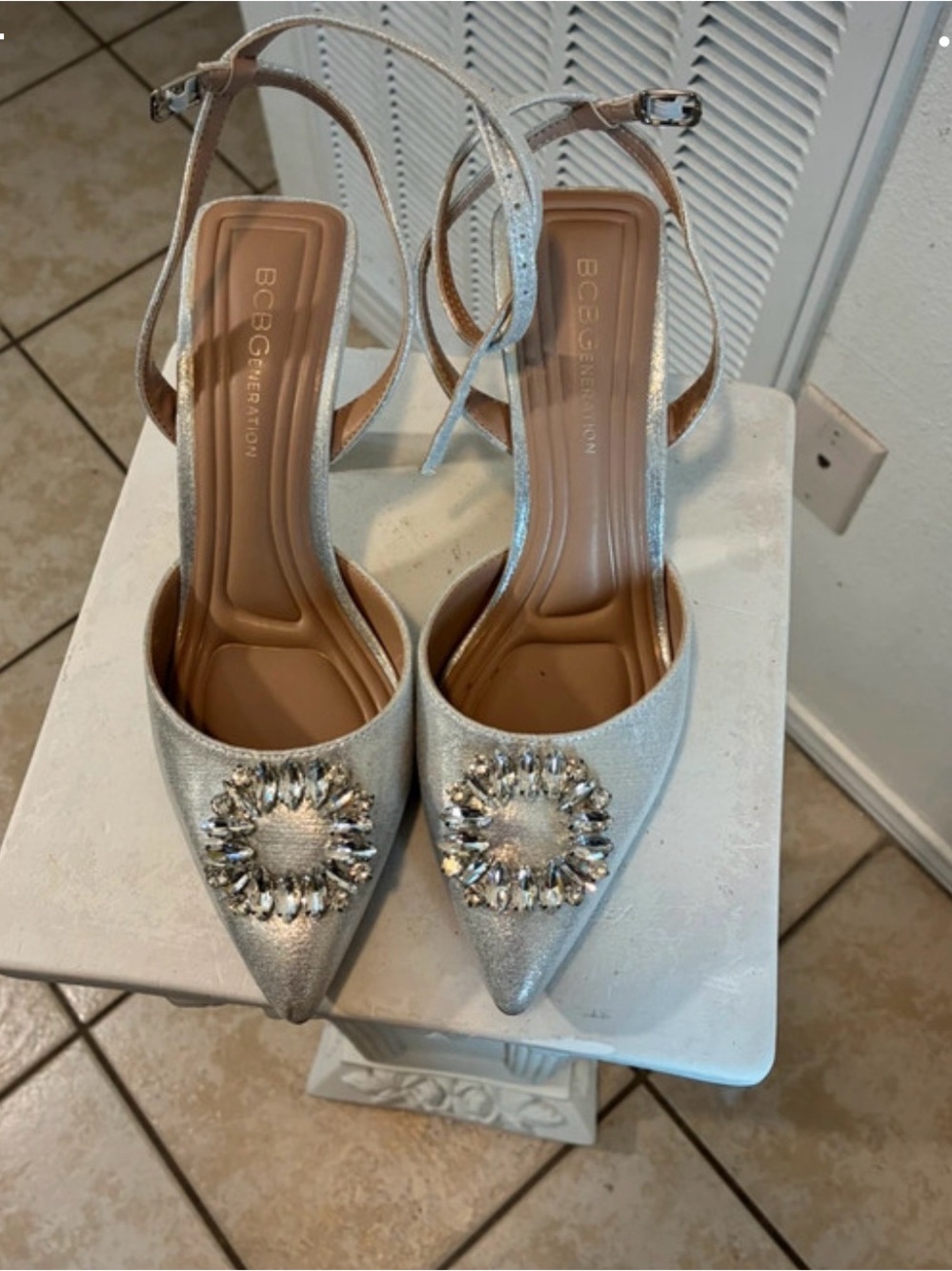 BCBGeneration Silver Pointed Toe Crystal-Embellished Ankle-Strap Heels
